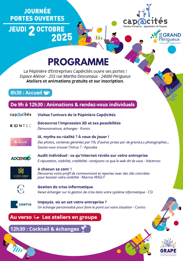 Flyer programme de la journée des portes ouvertes du 2 octobre de l'agence de communication Marine Angly